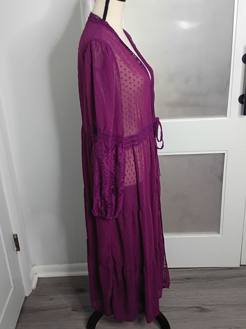 Torrid Sheer Plum Dotted Lace Sleeve Boho Maxi Duster with Tie Front, Size 2 - Picture 2 of 9